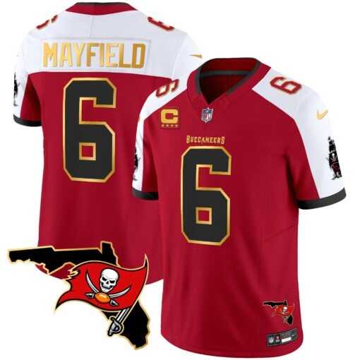 Mens Tampa Bay Buccaneers #6 Baker Mayfield Red White With Florida Patch Gold Trim Vapor Stitched Jersey Dyin